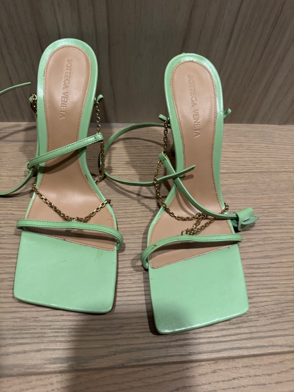 Bottega Veneta Pastel Green Square Toe Chain-Strap Heels - Picture 1 of 4